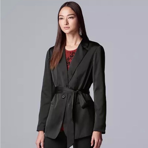 NWT: Simple Vera Vera Wang Black Satin Long Blazer with Tie Waist - Picture 1 of 5